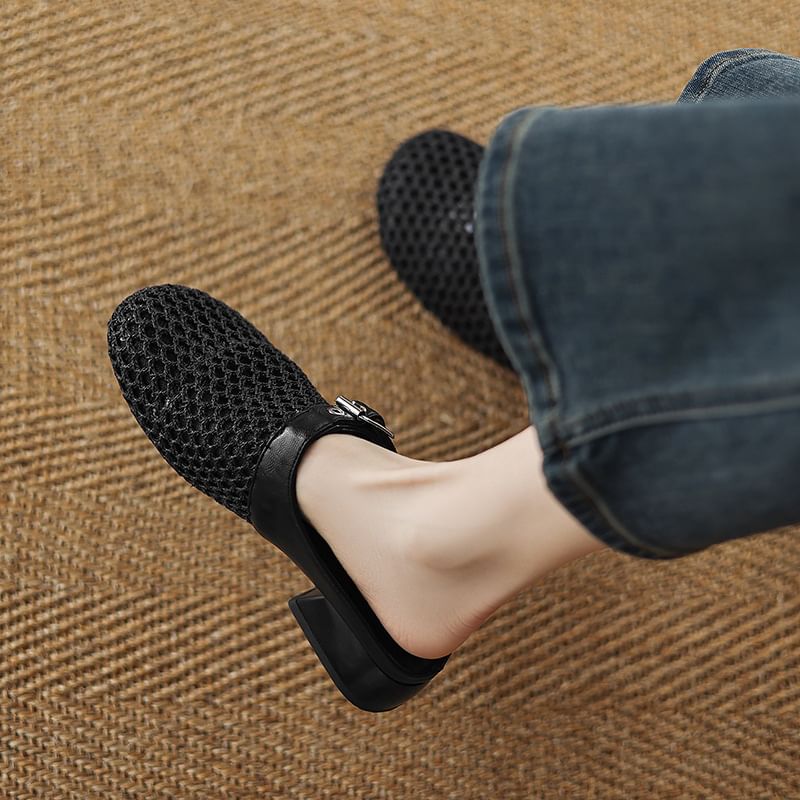 Low Heel Plain Buckled Mesh Mules