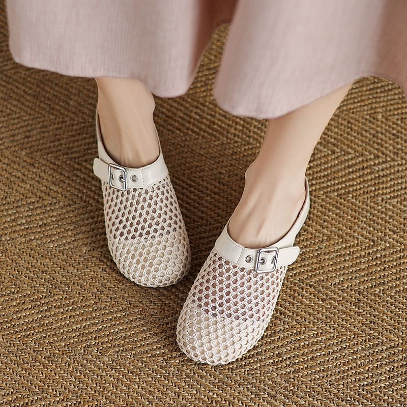 Low Heel Plain Buckled Mesh Mules