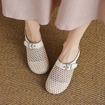 Low Heel Plain Buckled Mesh Mules