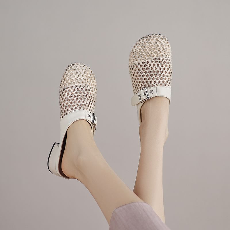 Low Heel Plain Buckled Mesh Mules