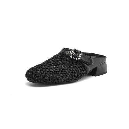 Low Heel Plain Buckled Mesh Mules