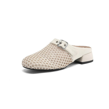 Low Heel Plain Buckled Mesh Mules