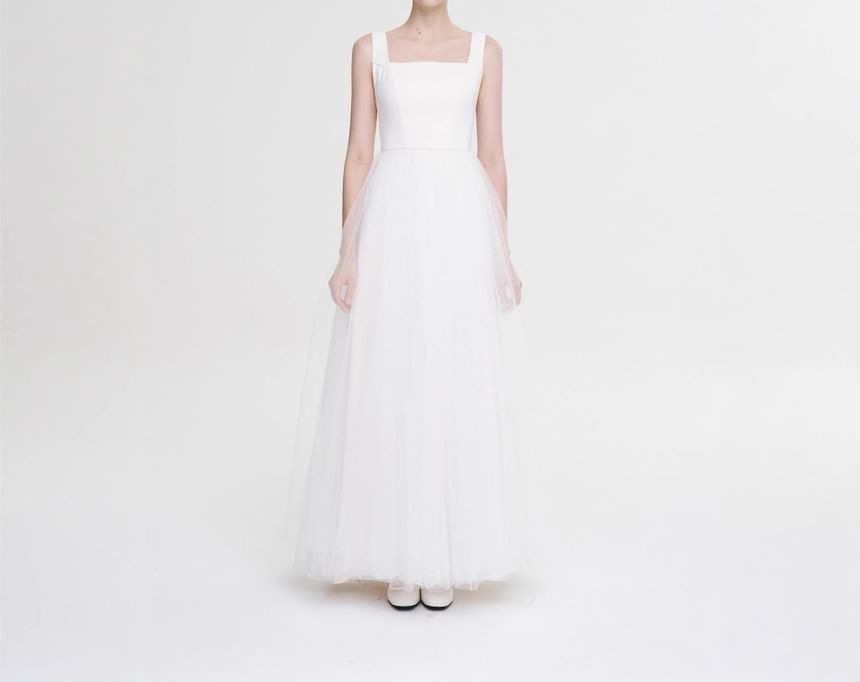 Wide Strap A-Line Mesh Wedding Gown