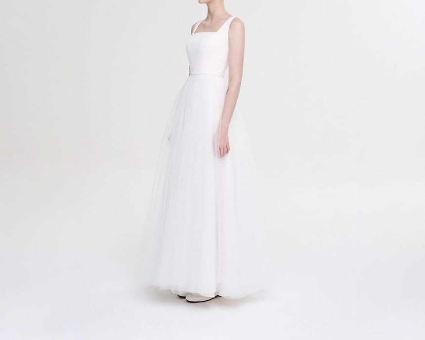 Wide Strap A-Line Mesh Wedding Gown