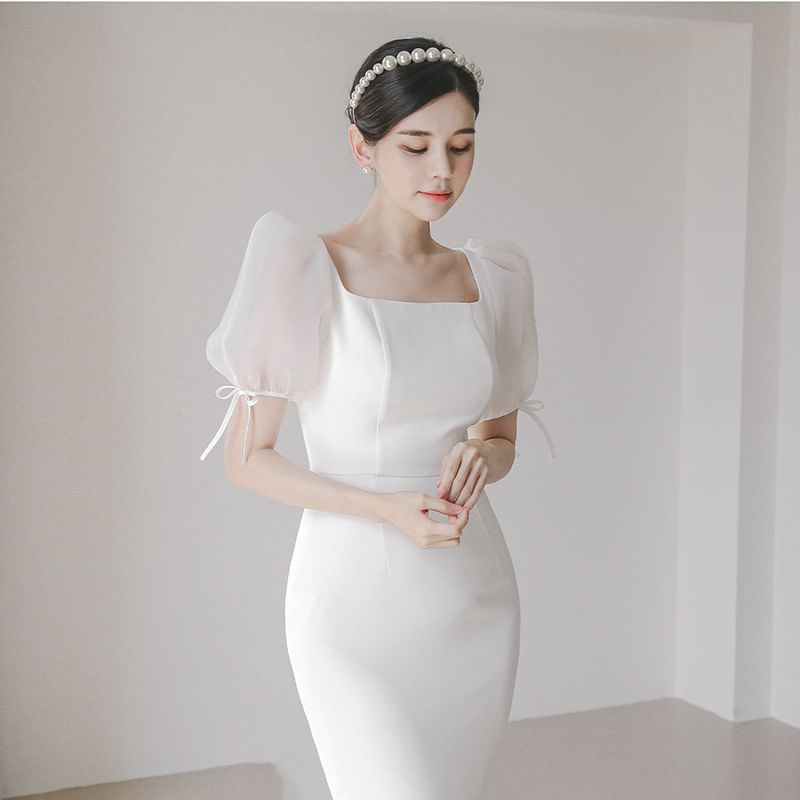 Puff-Sleeve Square-Neck Mermaid Wedding Gown