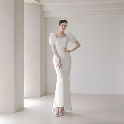 Puff-Sleeve Square-Neck Mermaid Wedding Gown