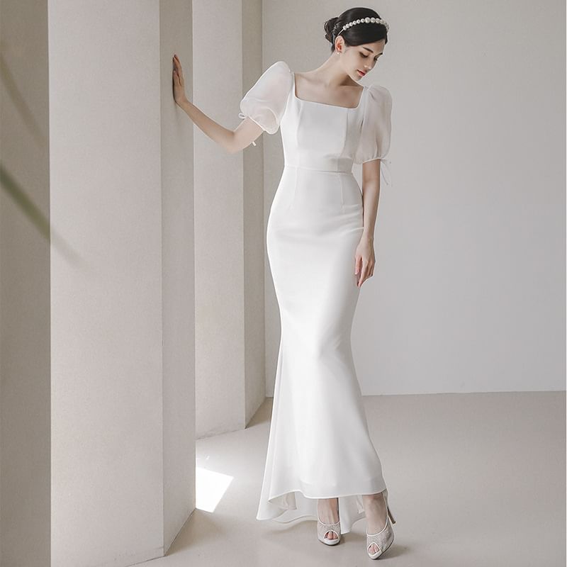 Puff-Sleeve Square-Neck Mermaid Wedding Gown