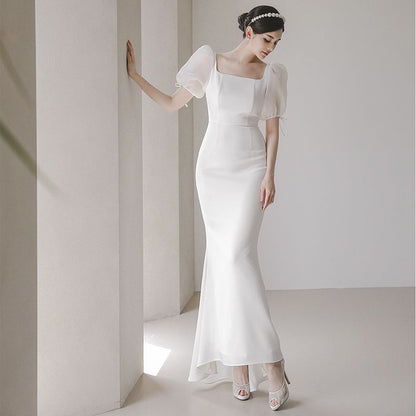 Puff-Sleeve Square-Neck Mermaid Wedding Gown