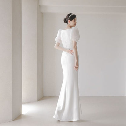 Puff-Sleeve Square-Neck Mermaid Wedding Gown