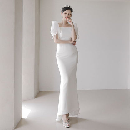 Puff-Sleeve Square-Neck Mermaid Wedding Gown