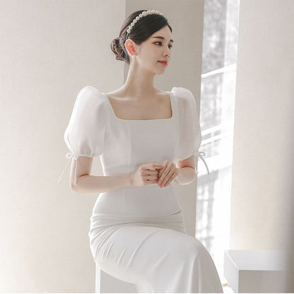 Puff-Sleeve Square-Neck Mermaid Wedding Gown