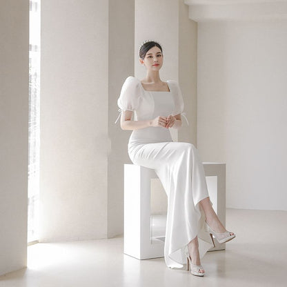 Puff-Sleeve Square-Neck Mermaid Wedding Gown