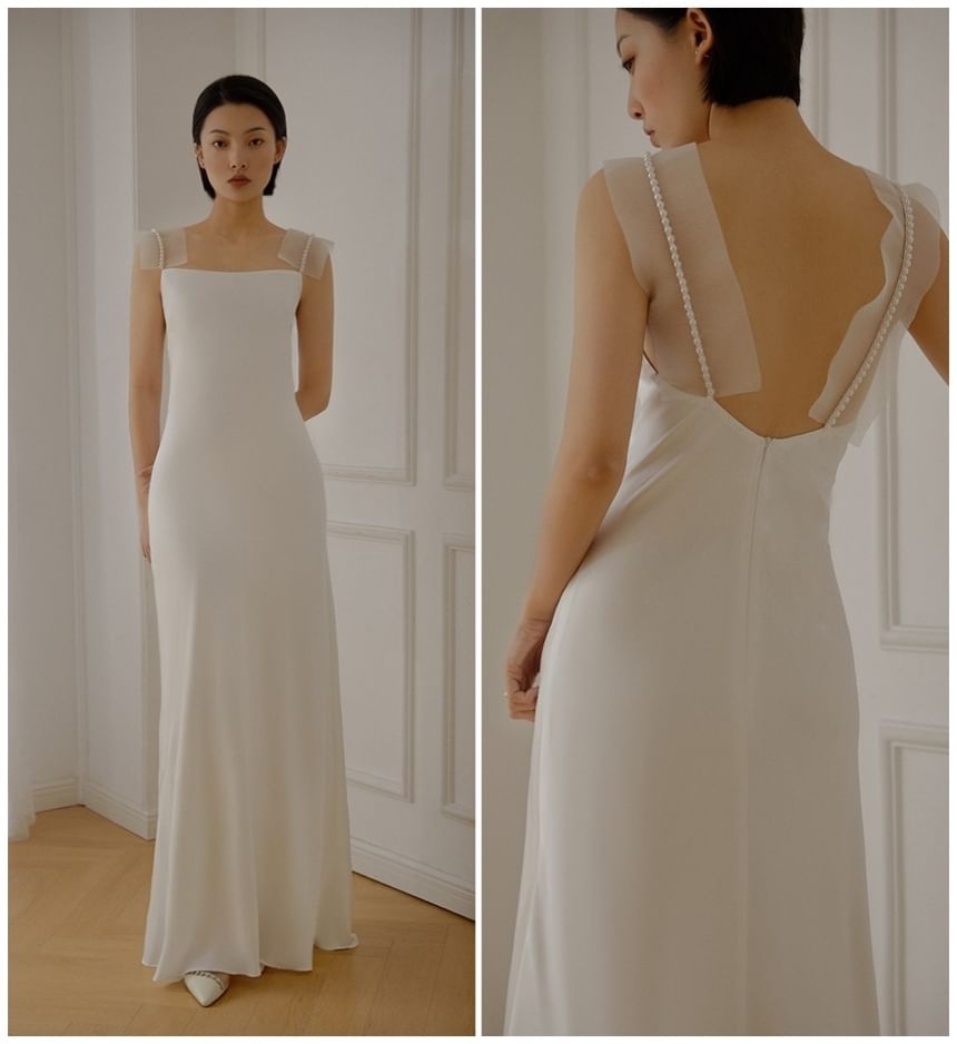 Mesh Strap Faux Pearl Mermaid Wedding Gown