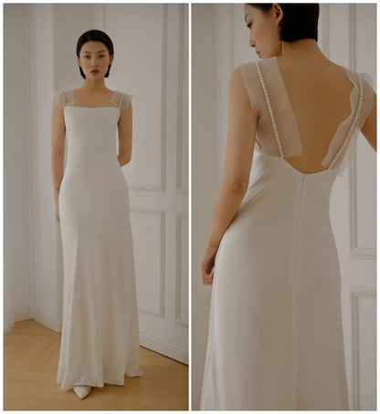 Mesh Strap Faux Pearl Mermaid Wedding Gown