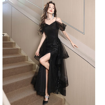 Cold-Shoulder Sequined Slit A-Line Evening Gown
