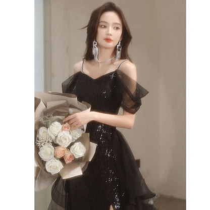 Cold-Shoulder Sequined Slit A-Line Evening Gown