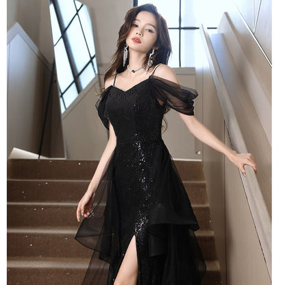 Cold-Shoulder Sequined Slit A-Line Evening Gown