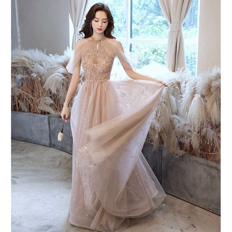 Cold-Shoulder Sequined Keyhole A-Line Evening Gown (Various Designs)