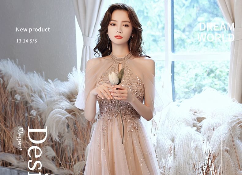 Cold-Shoulder Sequined Keyhole A-Line Evening Gown (Various Designs)