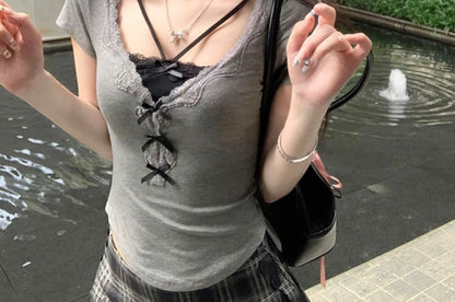 Short-Sleeve V-Neck Lace-Trim T-Shirt