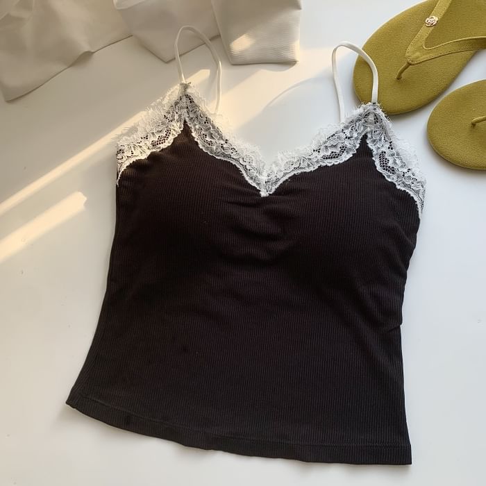 V-Neck Lace-Trim Camisole with Spaghetti Straps
