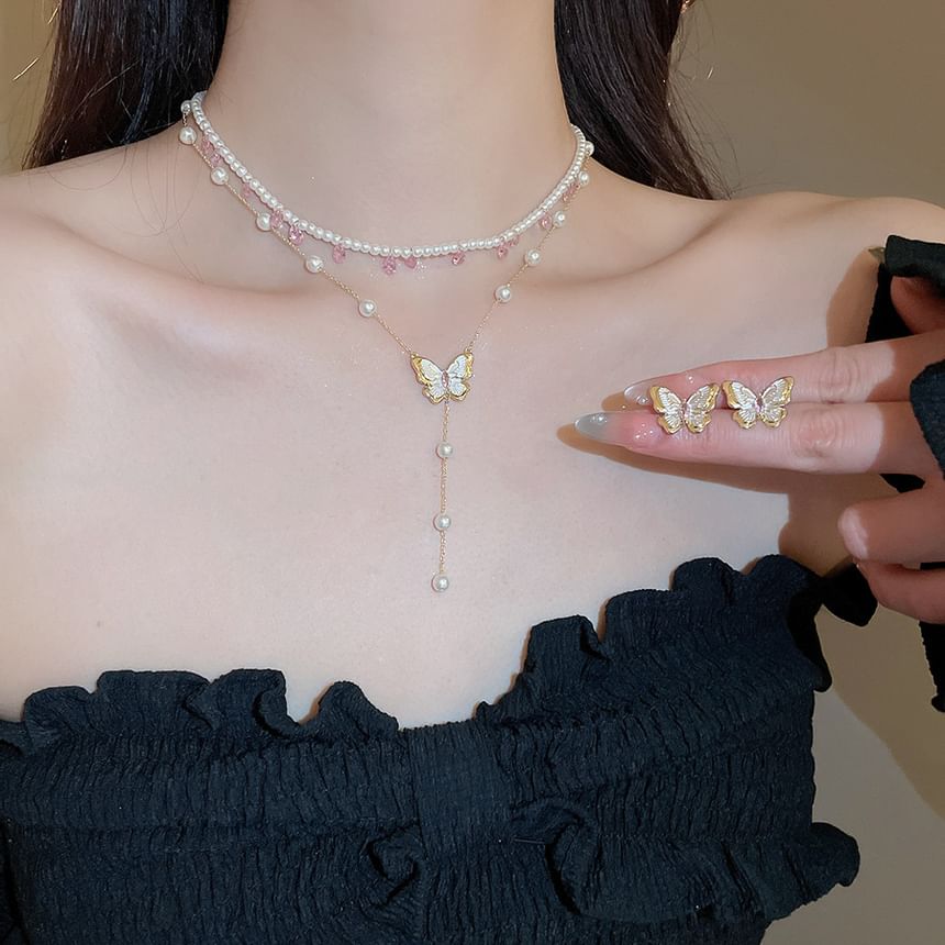 Faux Pearl Butterfly Layered Necklace / Butterfly Stud Earring