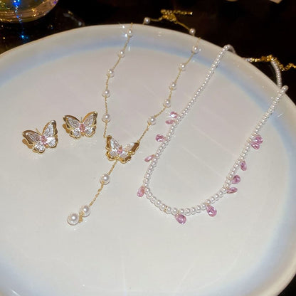 Faux Pearl Butterfly Layered Necklace / Butterfly Stud Earring