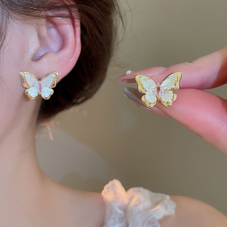 Faux Pearl Butterfly Layered Necklace / Butterfly Stud Earring
