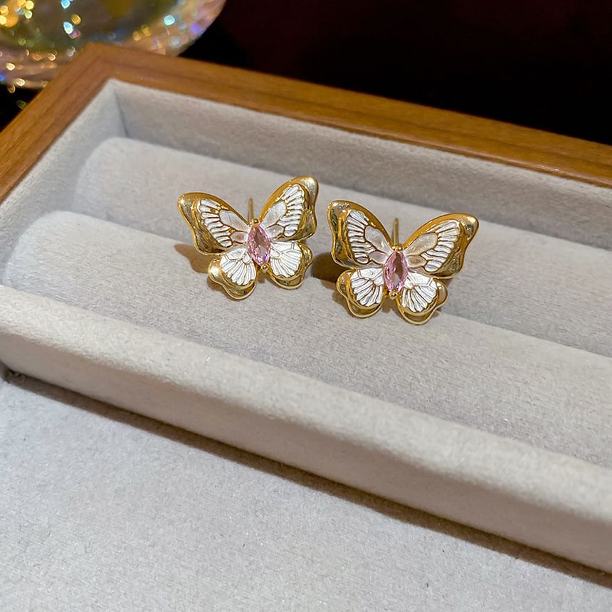 Faux Pearl Butterfly Layered Necklace / Butterfly Stud Earring