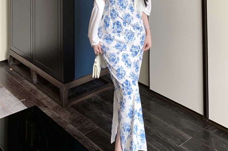 Sleeveless Floral Slit Maxi Qipao / Plain Cardigan