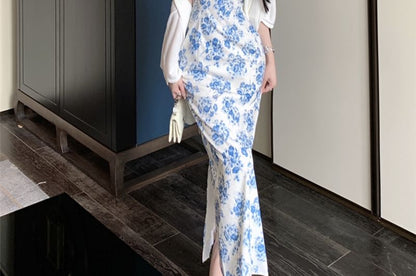 Sleeveless Floral Slit Maxi Qipao / Plain Cardigan