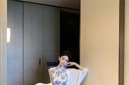 Sleeveless Floral Slit Maxi Qipao / Plain Cardigan