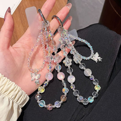Faux Lanyard Beaded Crystal with Strap Butterfly Pad Wrist Phone
