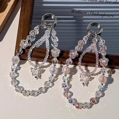 Faux Lanyard Beaded Crystal with Strap Butterfly Pad Wrist Phone