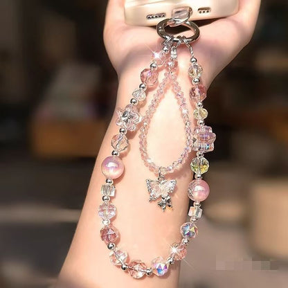Faux Lanyard Beaded Crystal with Strap Butterfly Pad Wrist Phone