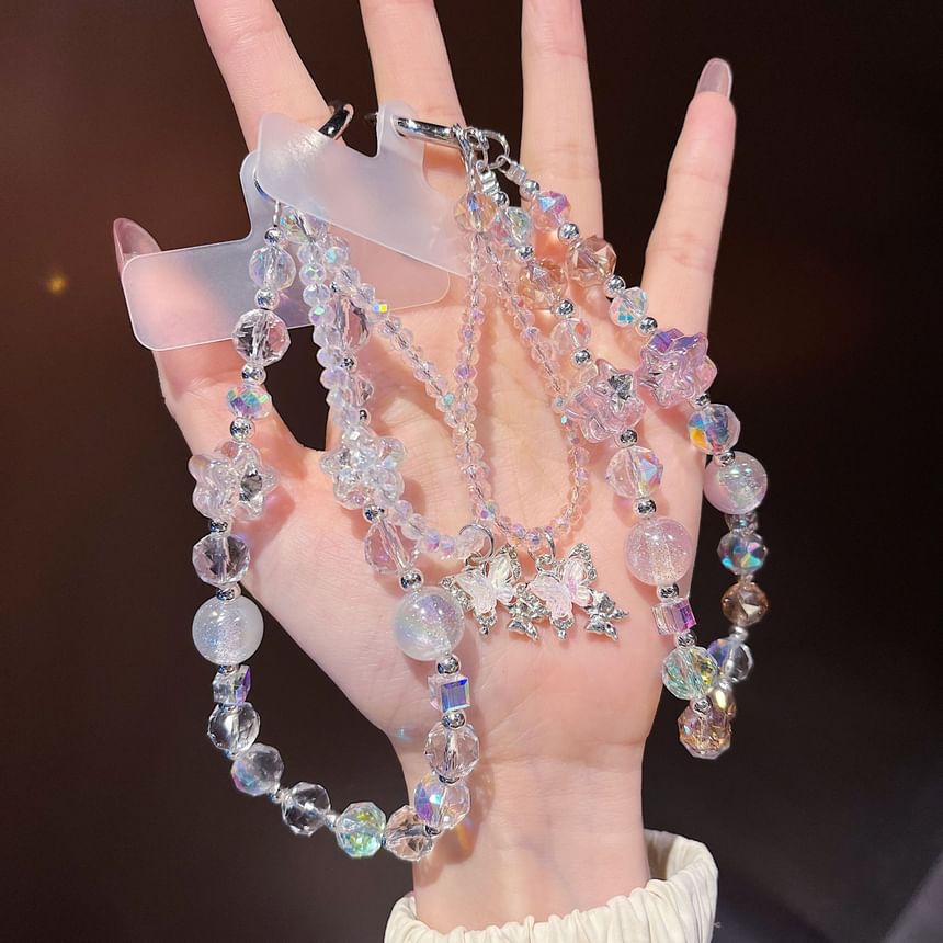 Faux Lanyard Beaded Crystal with Strap Butterfly Pad Wrist Phone