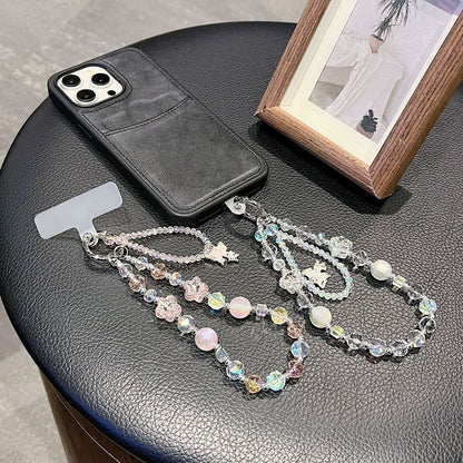Faux Lanyard Beaded Crystal with Strap Butterfly Pad Wrist Phone