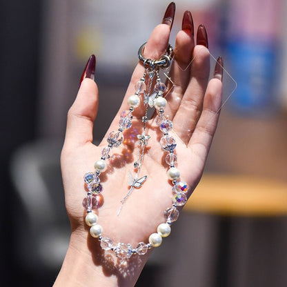 Pad Phone with Pearl Lanyard Butterfly Faux Strap Wrist