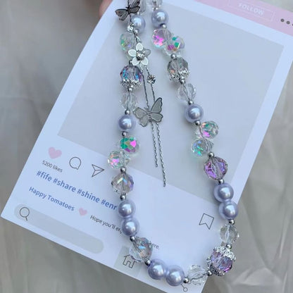 Pad Phone with Pearl Lanyard Butterfly Faux Strap Wrist