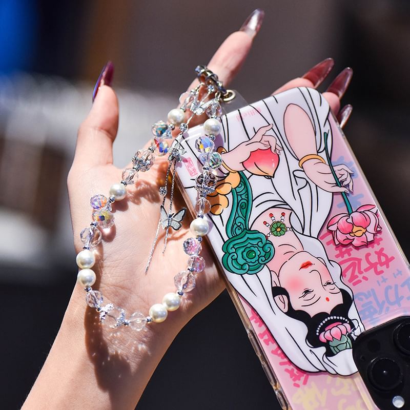 Pad Phone with Pearl Lanyard Butterfly Faux Strap Wrist