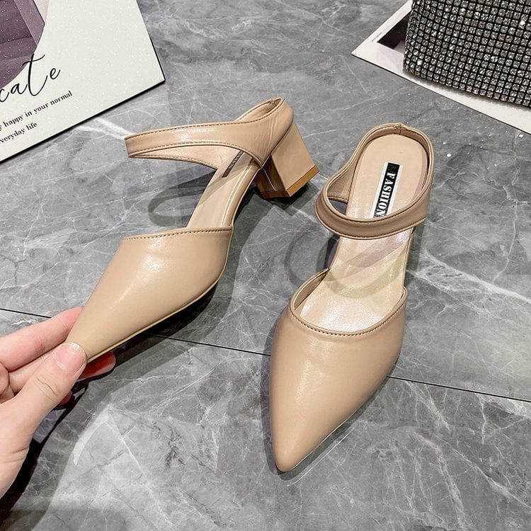 Pointed Toe Chunky Heel Mules