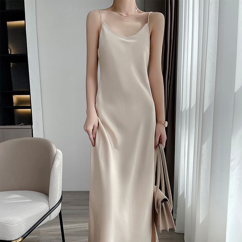 Spaghetti Strap V-Neck Plain Satin Midi A-Line Dress