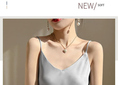 Spaghetti A-Line Dress V-Neck Plain Satin Strap Midi