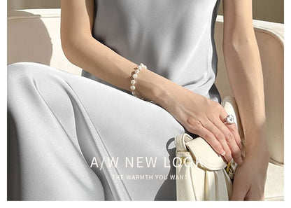 Spaghetti Strap V-Neck Plain Satin Midi A-Line Dress