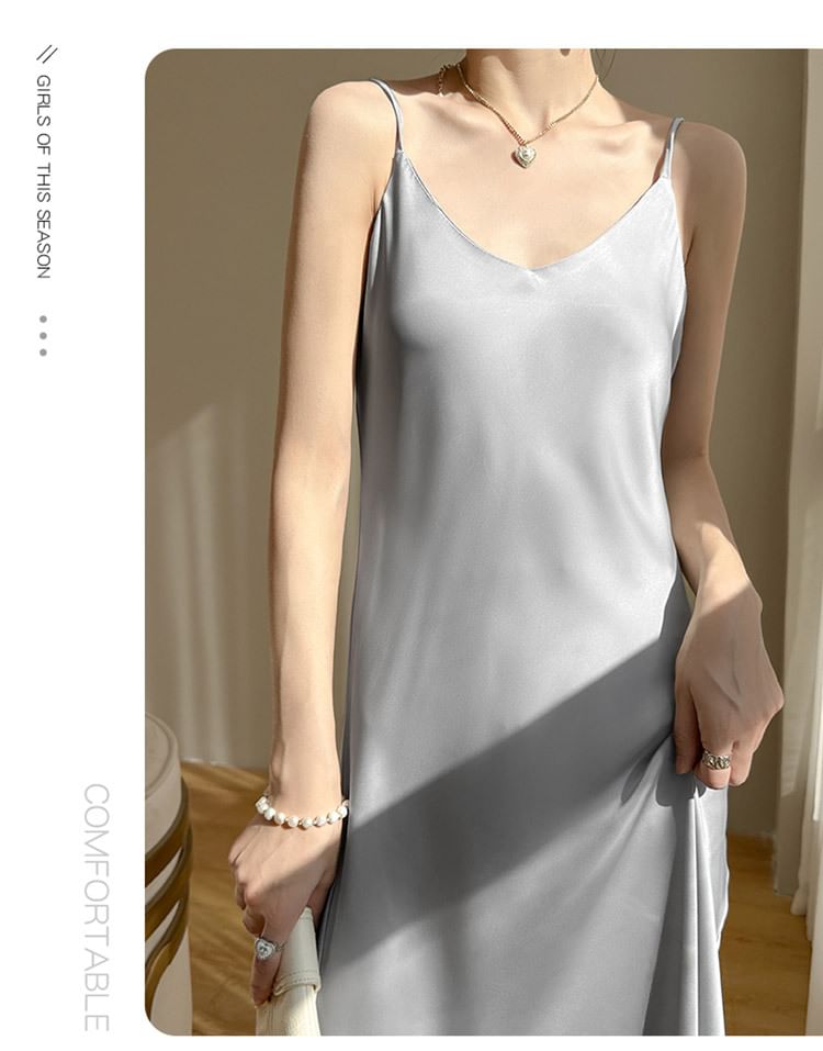 Spaghetti Strap V-Neck Plain Satin Midi A-Line Dress