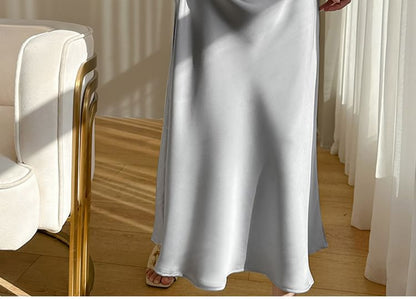 Spaghetti Strap V-Neck Plain Satin Midi A-Line Dress