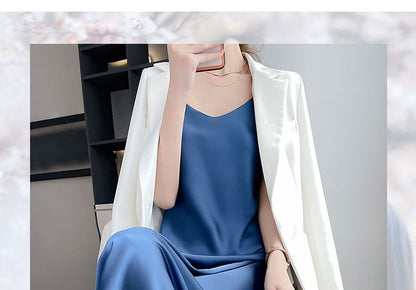 Spaghetti Strap V-Neck Plain Satin Midi A-Line Dress