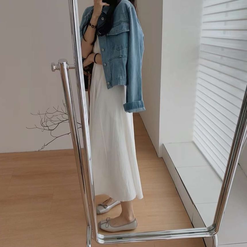 Sleeveless Crew Neck Plain Pleated Midi A-Line Dress