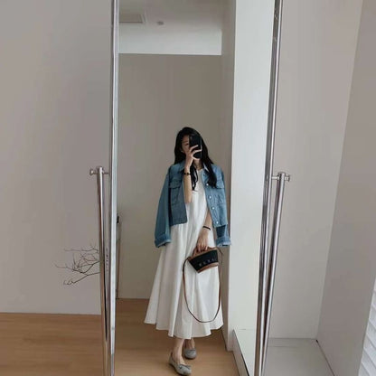 A-Line Neck Sleeveless Crew Dress Midi Plain Pleated