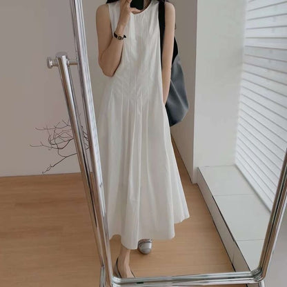 A-Line Neck Sleeveless Crew Dress Midi Plain Pleated